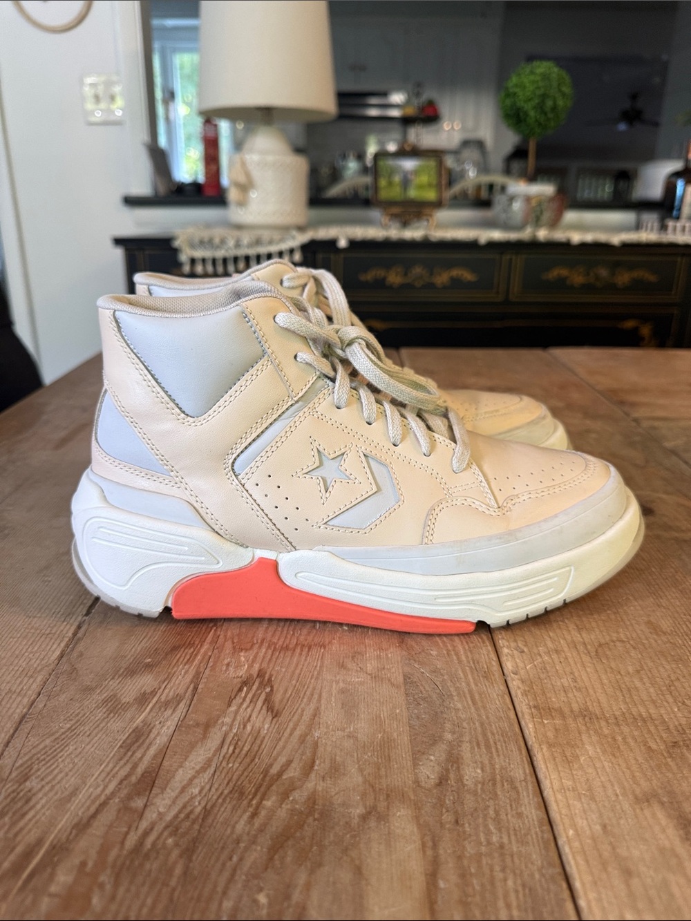 Converse Women’s Cream High-Top Sneakers with Coral Accent